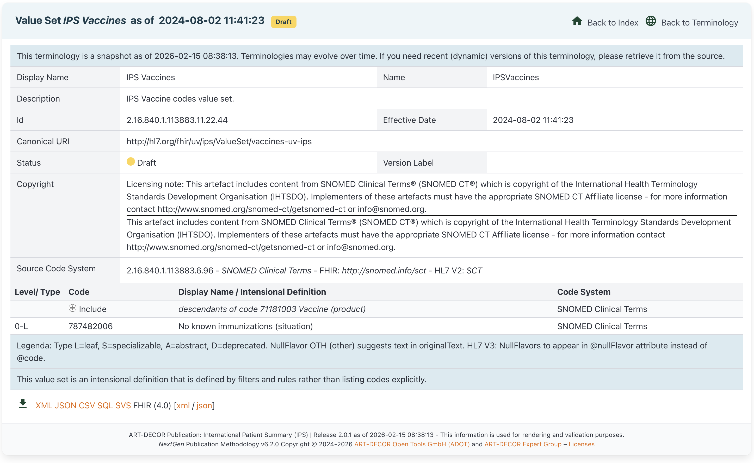 Published ART-DECOR value set page for IPS Vaccines, showing metadata, intensional definition and downloadable formats
