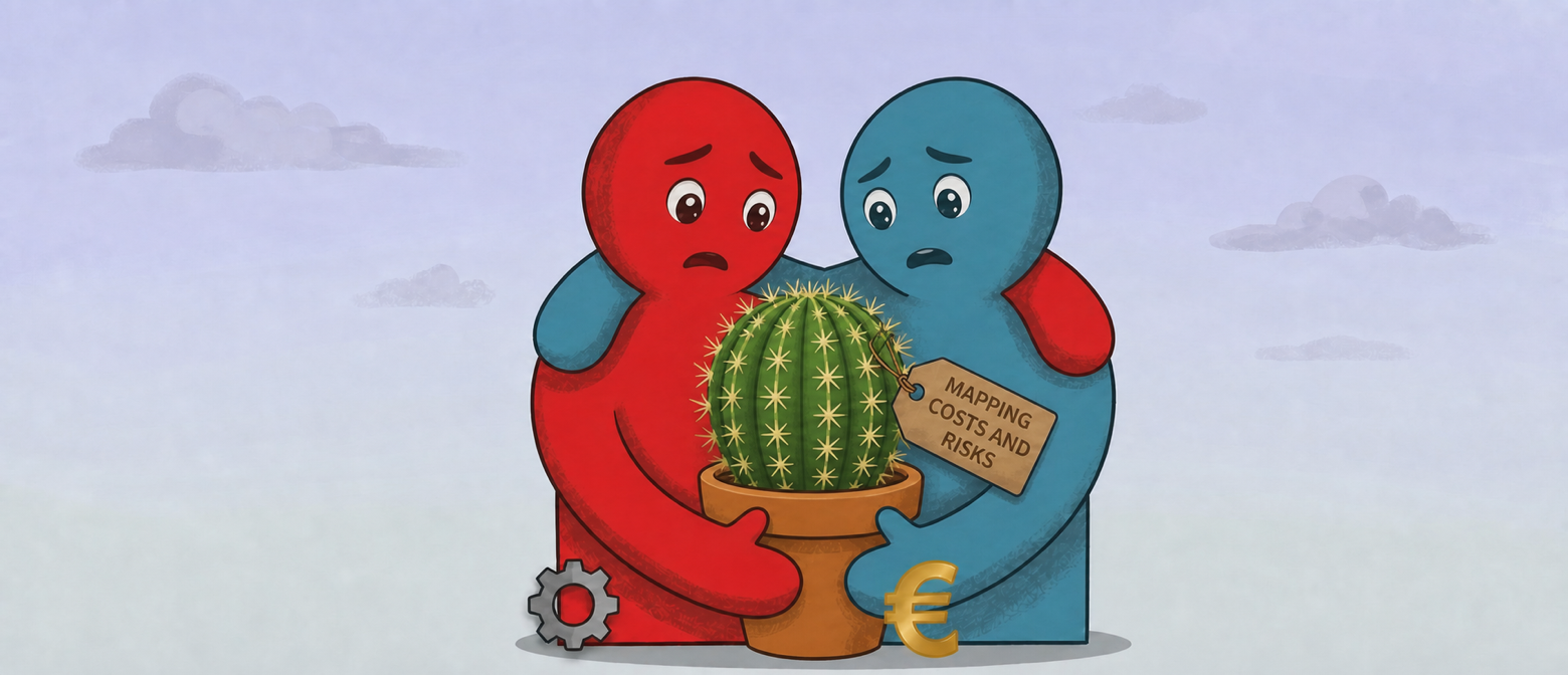 Two figures, one red and one blue, awkwardly holding a thorny potted plant tagged "Mapping costs and risks"